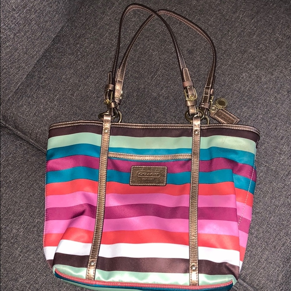 Multicolored fabric coach tote
